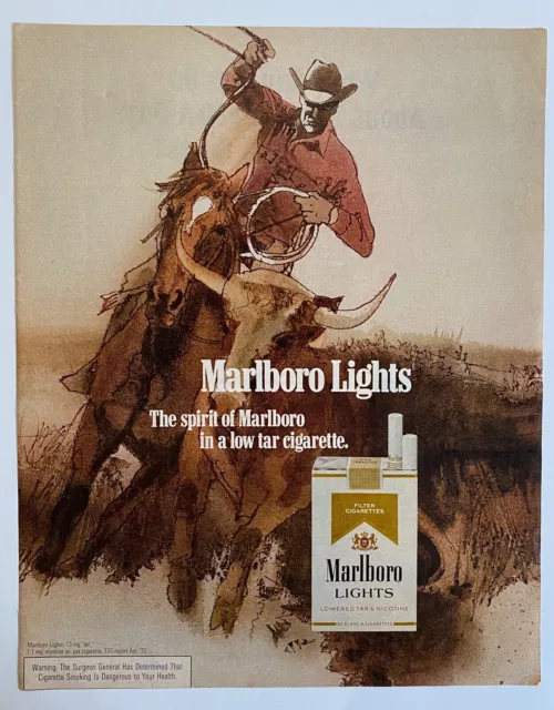 1972 MARLBORO LIGHTS Cigarettes Cowboy & Horse Bull Vintage PRINT AD