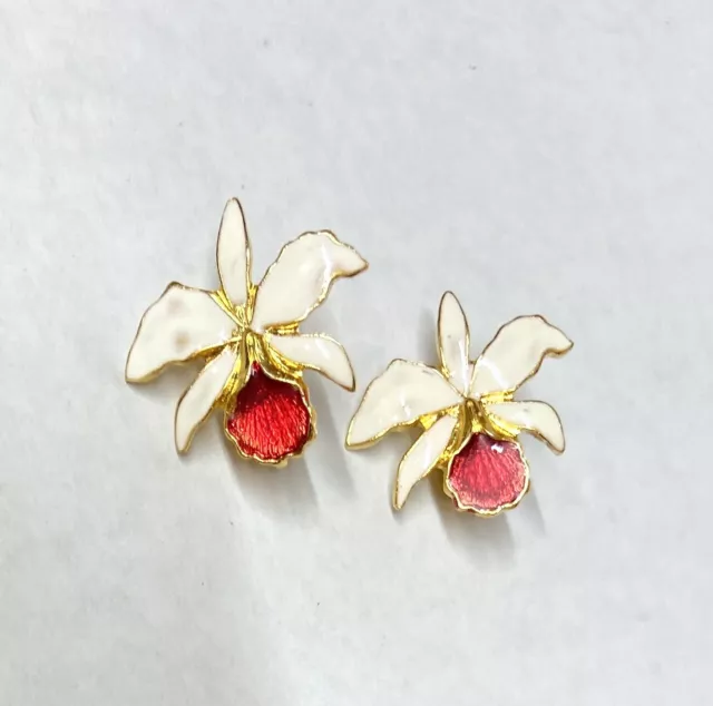 Gold Plate WHITE/PINK Enamel Floral Flower Orchid Post Earrings