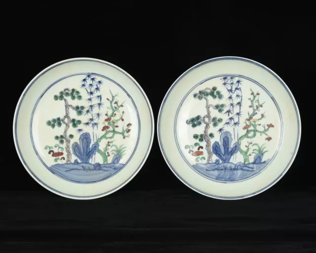 8.9" China old dynasty Porcelain chenghua mark pair Doucai flowers plants plate