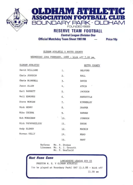 Teamsheet - Oldham Athletic Reserves v Notts County Reserves 1987/8