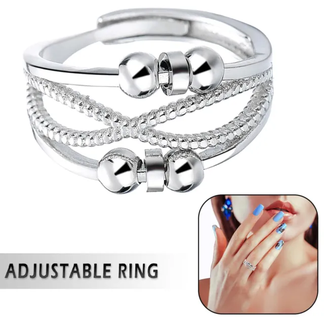 Adjustable Anxiety Ring Silver Relieve Fidget Spinner Worry Beads Meditation