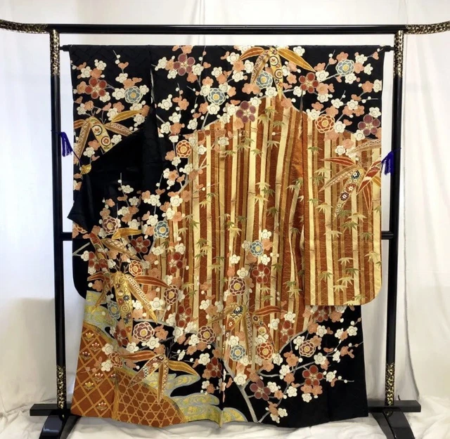 Japanese kimono furisode pure silk lining bamboo plum gold embroidery