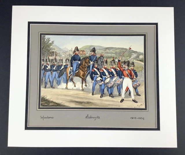 Antique Military Print Swiss Army Infantry Soldier Schwyz Battalion March to War