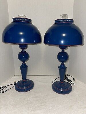 Vtg Tole Toleware  Blue/red Electric Hurricane Table Lamps Metal 24” Tall