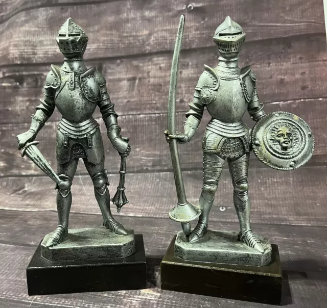 (2) Vintage Depose Italy Armor Knight Medieval figurine Statue Sword Shiel 1970s