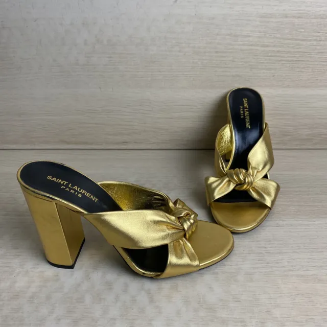 Saint Laurent “BIANCA 100mm” Gold Leather Open Toe Slip On Mule Sandals, Size 40