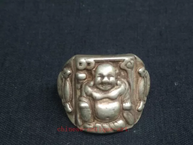 Antique Collection Chinese Tibet Silver Carvings Happy Maitreya Statue Ring Gift