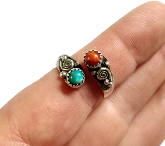 !Old Pawn NAVAJO Sterling Silver Turquoise & Coral Wrap Around Crossover Ring