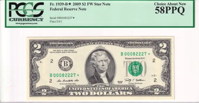 2009 $2 Federal Reserve Note New York PCGS 58PPQ *Star* Serial #B00082227*