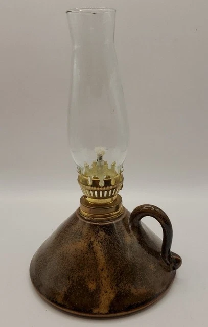 Vintage Brown Stoneware Art Pottery Clay Finger Oil Lamp  Burner Hurricane  7.5'