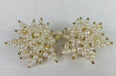 Vintage Christmas Handmade Beaded Stars Layered Pearls Gold Beads 2pc NICE