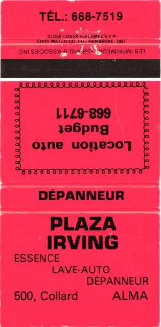 Plaza Irving, Car Wash, Convenience Store, Alma, Quebec, Vintage Matchbook Cover