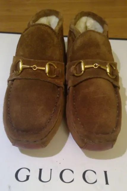 Vintage Gucci Horsebit Kids Brown Suede/Sheepskin Slippers Home Boots 2.5M  3M