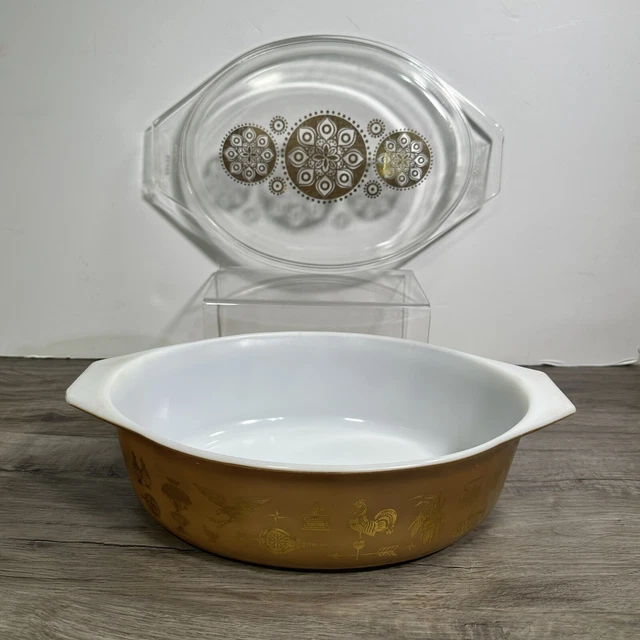 Vintage Pyrex Early American Brown & Gold Oval Casserole Dish #045 2.5 QT w/lid