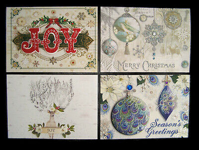 Punch Studio Christmas Cards SET of 4 Die-Cut Jeweled Joy Stag Ornaments 5 x 7