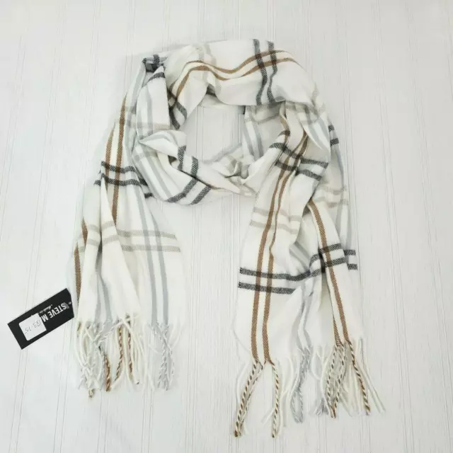 Steve Madden Womens Scarf Ivory Plaid Muffler Fringe 70" Italian Grey Tan White