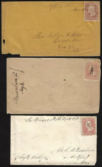 US 1860s THREE COVERS Sc 65 MANUSCRIPT CANCEL ONE CIVIL WAR PERIOD 1861 HILLS ST