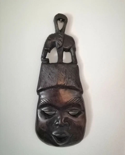 11'' African Hand Carved Mask Malawi Ebony Hard Wood Wall Hanging Home Decor