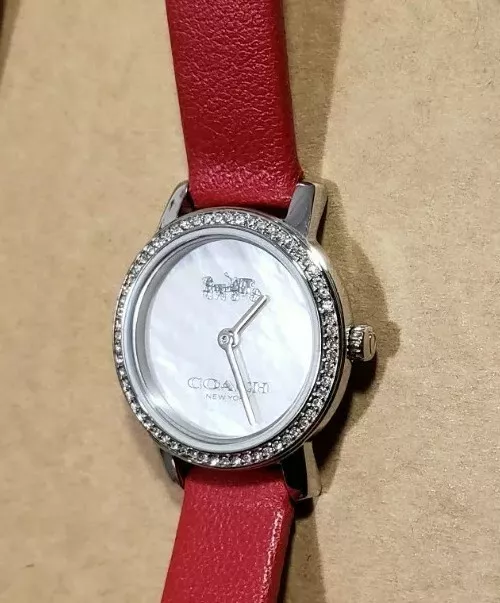 Coach Audrey Watch With 27mm White Mother Of Pearl Face & Red Leather Band