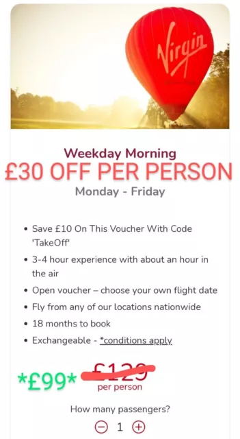 Virgin Balloon Flights Weekday Morning - £30 off per person Discount/Voucher