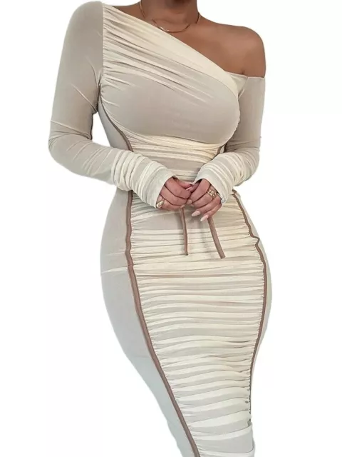 Diagonal Collar Long Sleeve Midi Dress For Women Two Layer Mesh Backless Ruched