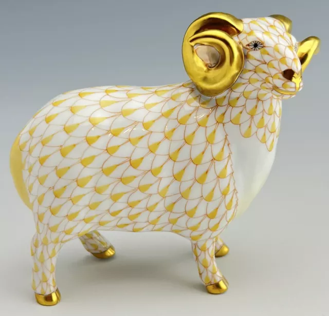 🦋 HEREND NEW English Ram W/ Golden Horns Butterscotch Fishnet Figurine