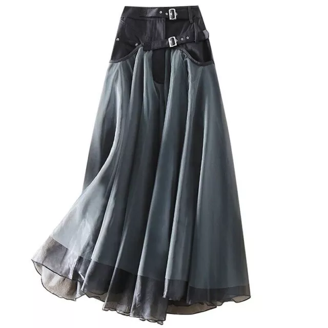 Hot UK Women Denim Mesh Skirt Lace Splice Midi High Waist A-line Pleated Frill