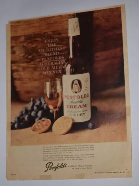 1961 Penfolds Mantilla Cream Sherry Enjoy The Smoothest Distillery Print Ad