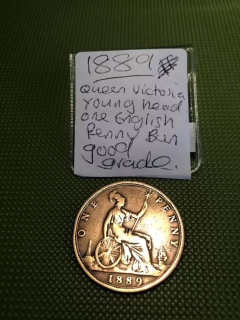 1889 Queen Victoria Young Head One English Penny Bun Golden Toned Grade Coin