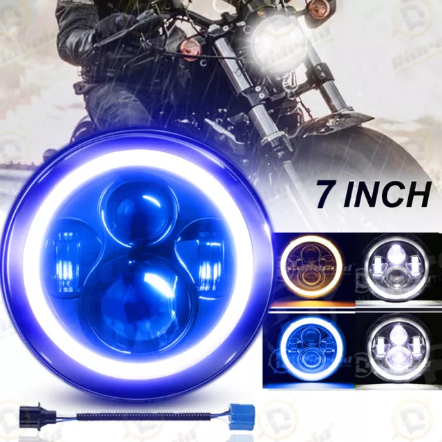 7" inch LED Motorcycle Headlight Projector Blue Halo DRL Angel Eyes For Harley