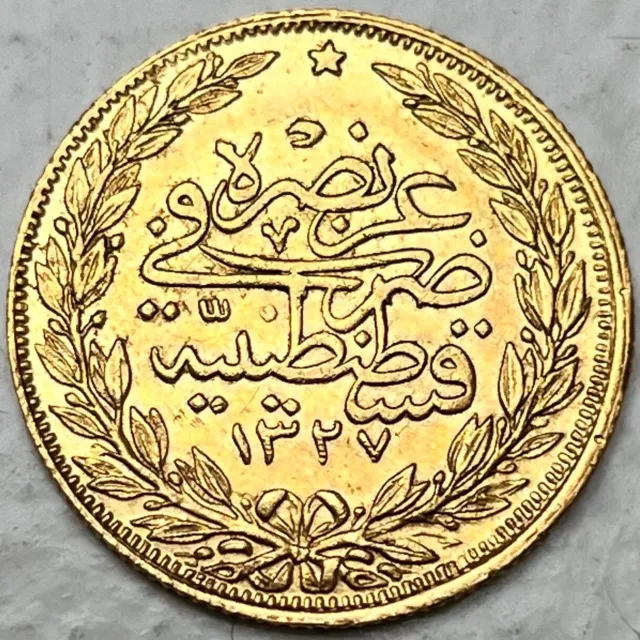 Gold Coin Ottoman Empire 100 Kurus 1327/3 (1909) Mehmed V Reshat Turkey Kurush