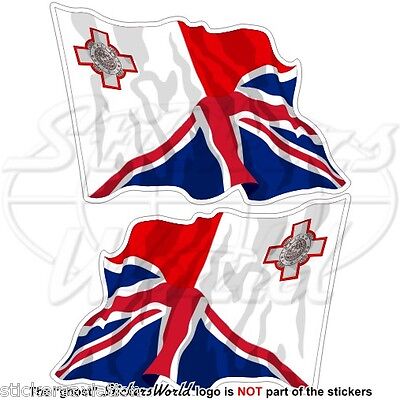 MALTA-UK Flying Flag, Maltese-British Union Jack 75mm Vinyl Stickers, Decals x2