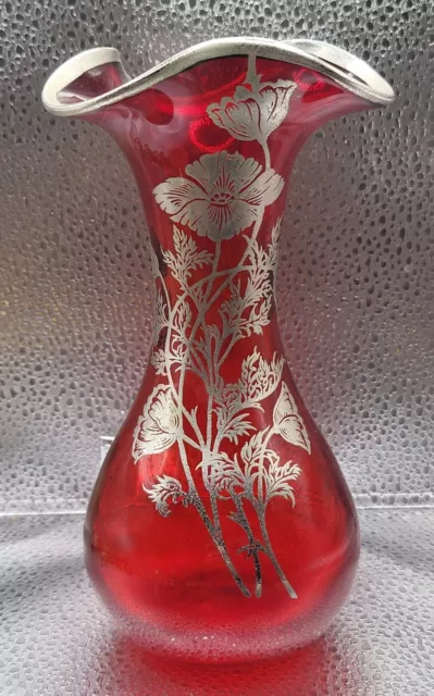 Ruby Red Sterling Silver Overlay Poppy Hand Blown Vase