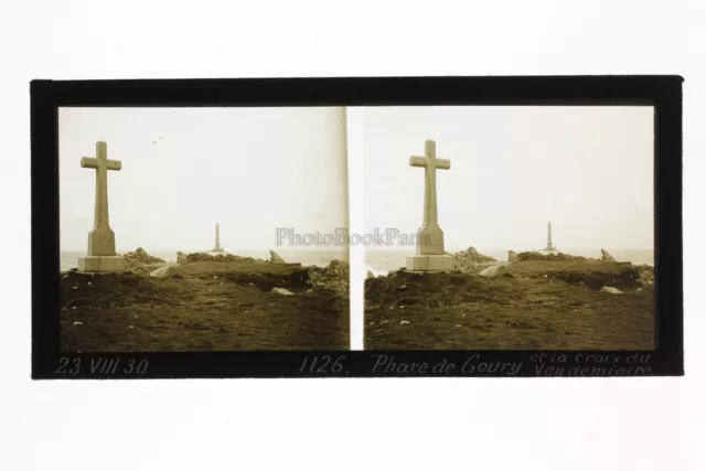 Phare de Goury Hague Cotentin France Photo Stereo Plaque de verre Vintage 1930