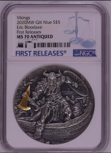 NGC MS70 Eric Bloodaxe Vikings Axeman 2oz Antique finish Silver Coin Niue 2020