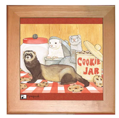 Ferret Kitchen Ceramic Trivet Framed in Pine 8" x 8"