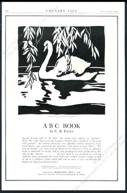 1923 C.B. Falls swan art ABC Book release vintage print ad