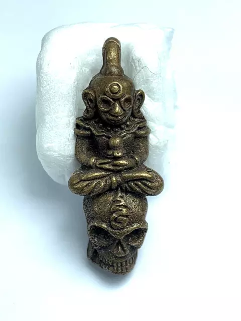 Brass Ngang Sit On Skull Hold Kuman Yant Takrut Pendant Gambling Thai Amulet