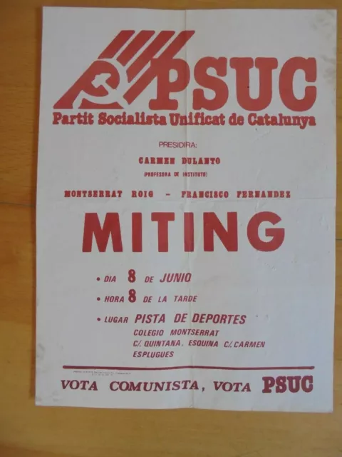 Folleto Propaganda Politica PSUC Miting 8 Junio 1977 en Esplugues de Llobregat