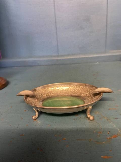 Antique silver Ash Tray with green gem stone centre