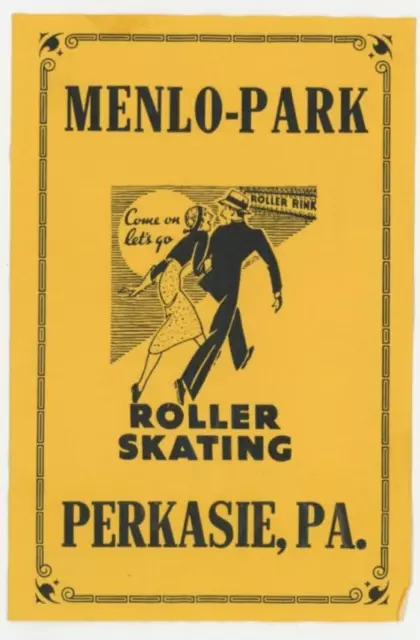 1930-50's Menlo-Park Roller Skating Perkasie, PA. Skating Label Vintage EVN3