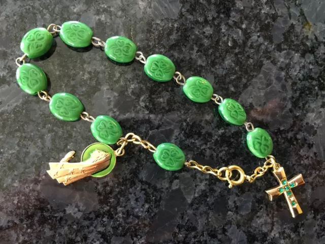 Bracelet Rosary Beads Green Glass Shamrock Clover Sterling Ireland  Cross Charm