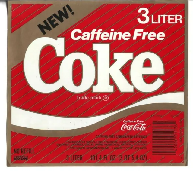 New Coke Caffeine Free 3 Liter Bottle Label  Three Pieces  #16