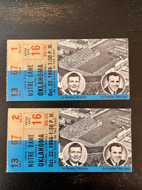 1966 Notre Dame National Champions vs Oklahoma Sooners Ticket Stubs Pair