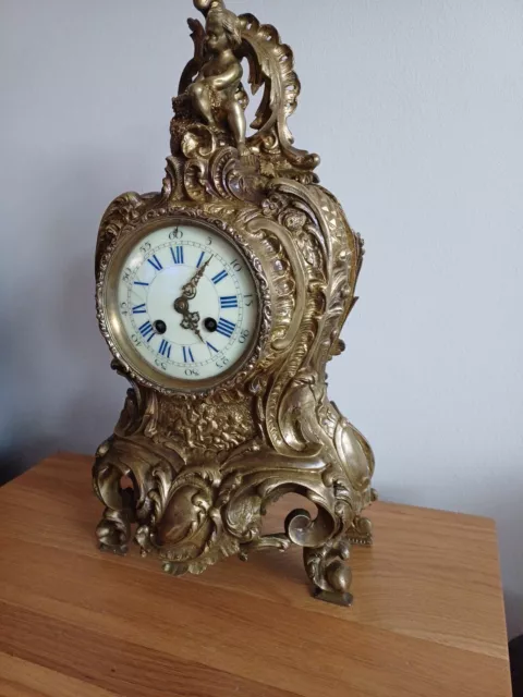 Large Rococo Style Antique French Samuel Marti et Cei, Brass  8 day Mantel Clock