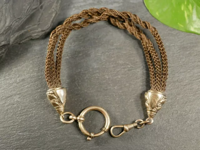 Antike Haar Taschenuhrenkette Biedermeier Drei Stränge Zopf Geflochten Vergoldet