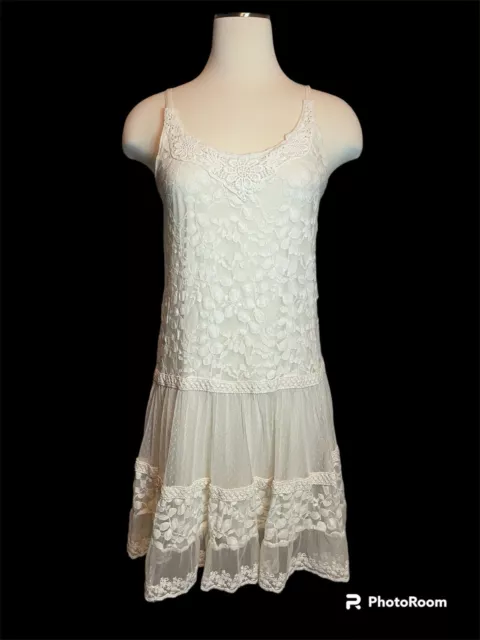 Boho Sheer Overlay White Ivory Lace Mini Slip Dress Adjustable Straps Sz M