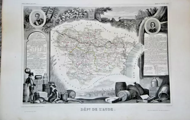 Grande carte France 1852 ATLAS LEVASSEUR éd Combette Département 11 L'AUDE