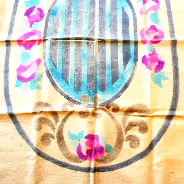 Alfombra de enganche patrón de arpillera estilo Art Deco ovalada floral 35x53 pulgadas vintage