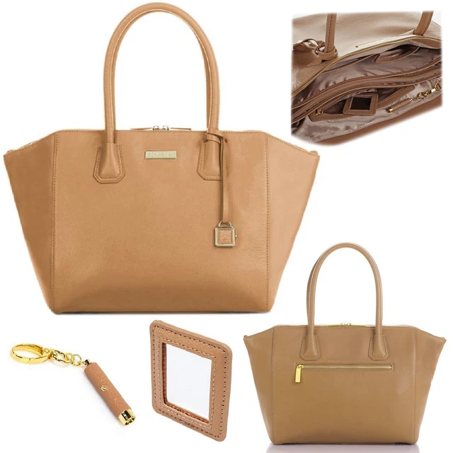 JOY & IMAN Genuine Leather "Best Friend" City Satchel in Camel Tan